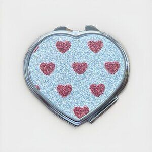 Modela Silver Heart Shaped Glitter Compact Mirror Travel‎ Size NWT
